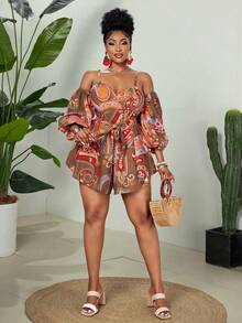 Maweii Plus Size Digital Print Elegant Off-Shoulder Backless Jumpsuit - Brown - View 4