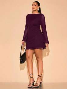 SHEIN BAE Plus Size Women's Dark Purple Autumn Classy Night Out Club Mini Short Dress,Spring & Summer High Street French Cocktail Evening Gown For Vacation - Red Violet - View 5