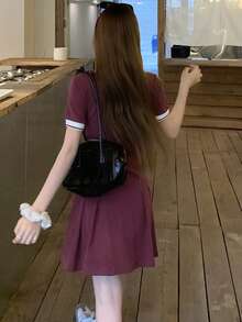 DAZY Đầm ngắn tay cổ bẻ dáng casual dành cho nữ, thích hợp cho mùa hè. - Màu Đỏ Sâu - Xem 2