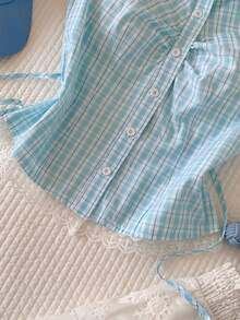 Comfortcana 女士休闲格子蕾丝边衬衫，夏季 - 彩色 - 查看 3