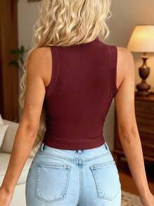 INAWLY Solva Women's Solid Color Zipper Casual Tank Top, Simple And Fashionable For Everyday Wear - Red - View 2