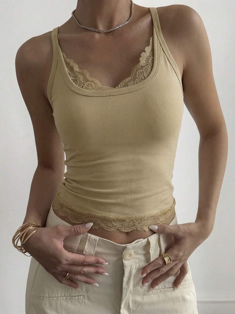 Áo croptop mùa xuân hè, áo hai dây ôm dáng phối ren rỗng, phong cách thường ngày, thích hợp cho nữ dự tiệc cưới, lễ hội, ngày Valentine. - Màu Khaki - Xem 1