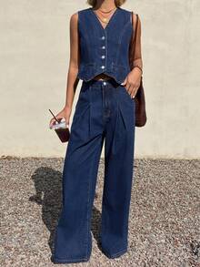 DAZY 女士休闲水洗牛仔背心和阔腿牛仔裤套装，春夏款 - 中等水洗藍 - 查看 3