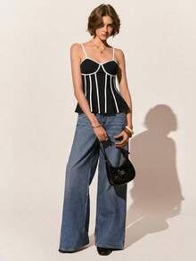 Poéselle 女士时尚撞色荷叶边下摆吊带背心 - 黑色 - 查看 7