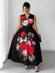 Elenzga Vestido Elegante Preto Plus Size com Estampa Floral de Verão, Sem Mangas, Cintura Marcada, Decote em V, Corte em A, Estilo Retrô Francês Minimalista para Convidada de Casamento - Preto - Visão 2