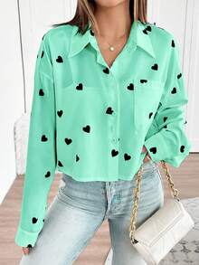 EMERY ROSE 女士情人节心形图案前短后长衬衫 - 青碧色 - 查看 1