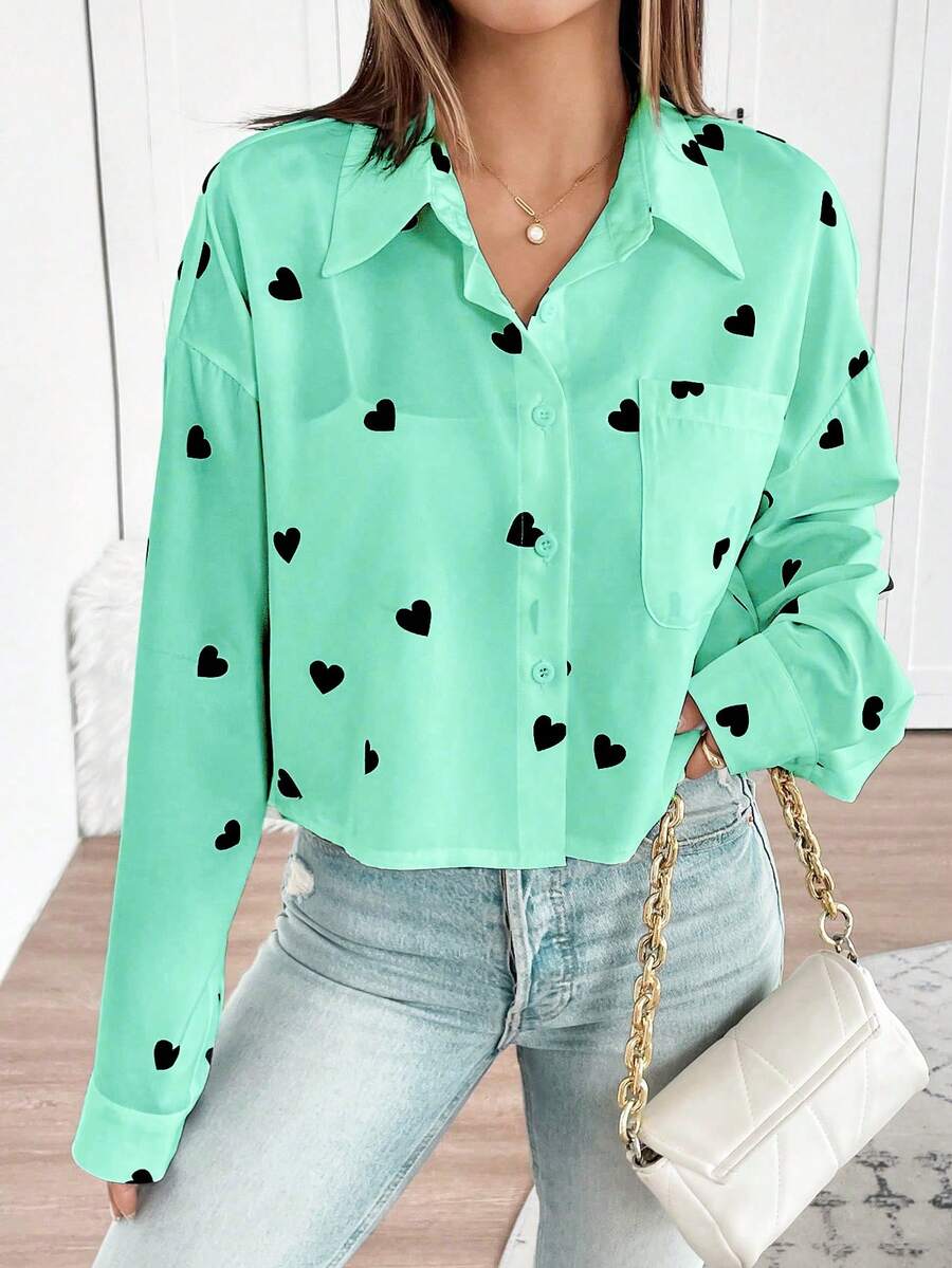 EMERY ROSE 女士情人节心形图案前短后长衬衫 - 青碧色 - 查看 1