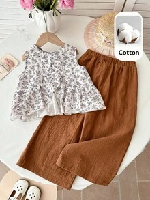 LMoss Kids 2件套女童碎花宽松休闲圆领上衣和裤子套装，夏季 - 彩色 - 查看 2