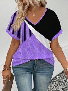 EMERY ROSE Plus Size Women Casual V-Neck Digital Print T-Shirt - Multicolor - View 4