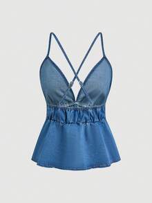 Rivivi Women's Fashion Spaghetti Strap Backless Denim Top - Medium Wash - View 2