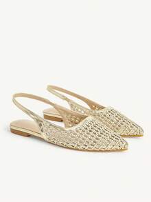 CUCCOO CHICEST Ladies Pointed Real Woven Splicing Daily Travel Casual Versatile Fashion Sandals Flat - Gold - View 2