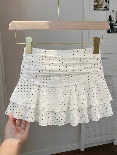 Sunnyshic 大码女装春夏法式浪漫西西里风优雅休闲通勤度假下午茶派对迷你裙，腰部褶皱设计，双层荷叶边下摆，波点印花