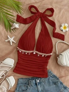 Soleia Áo hai dây cổ yếm màu trơn thời trang mùa hè ôm sát, chất liệu vải có họa tiết nhún bèo, dáng suông. - Màu Đỏ Sâu - Xem 5