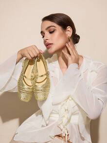 CUCCOO CURVES Zapatos planos de moda versátiles y casuales con diseño de hebilla para mujer - Dorado - Ver 4