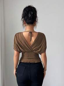 Elenzga Women's Spring/Summer Mesh Elastic Knit Lining Elegant Vacation Beach Outfit, Commute Casual French Romantic Crossover Shirred, Gathered Shoulder Sleeve, Waist Ruched, Adjustable Hem Ruffle T-Shirt Top - Brown - View 2