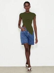 Lumivelle Camiseta blanca elegante y minimalista para mujer, adecuada para el uso diario, de moda y versátil - Verde militar - Ver 5