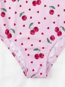 SHEIN 女童条纹蝴蝶结花卉连体泳衣 - 粉色 - 查看 4