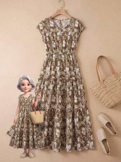 Rusticease Women's Round Neck Allover Print Pleated Long Dress, Fashionable For Dates And Parties, Suitable For Summer