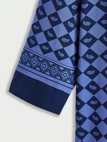 Genlund Bộ áo sơ mi dài tay và quần short in họa tiết tối giản dành cho nam cỡ lớn, thích hợp cho kỳ nghỉ. - Màu xanh lam - Xem 3