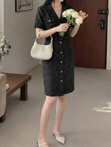 DAZY Đầm dài tay ngắn cổ ve lật, cài một hàng khuy dành cho nữ, kiểu dáng thanh lịch. - màu đen - Xem 4