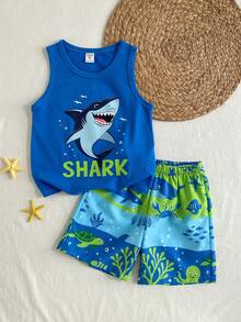 THE HAPPY LOOK 男童鲨鱼图案针织柔软圆领无袖上衣和松紧腰短裤两件套 - 藍色 - 查看 5