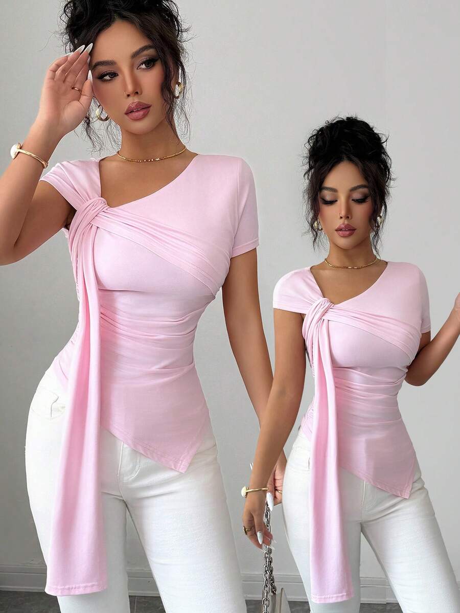 SHEIN Elenzya Áo thun ngắn tay màu hồng dáng suông, bất đối xứng, tay bồng, ôm sát tôn dáng, kiểu dáng thanh lịch dành cho nữ. - Hồng - Xem 1