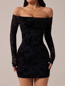 SHEIN PETITE 女士露肩长袖蕾丝拼接迷你连衣裙，夏季连衣裙，夏季服装，黑色露肩连衣裙，黑色蕾丝连衣裙 - 黑色 - 查看 6