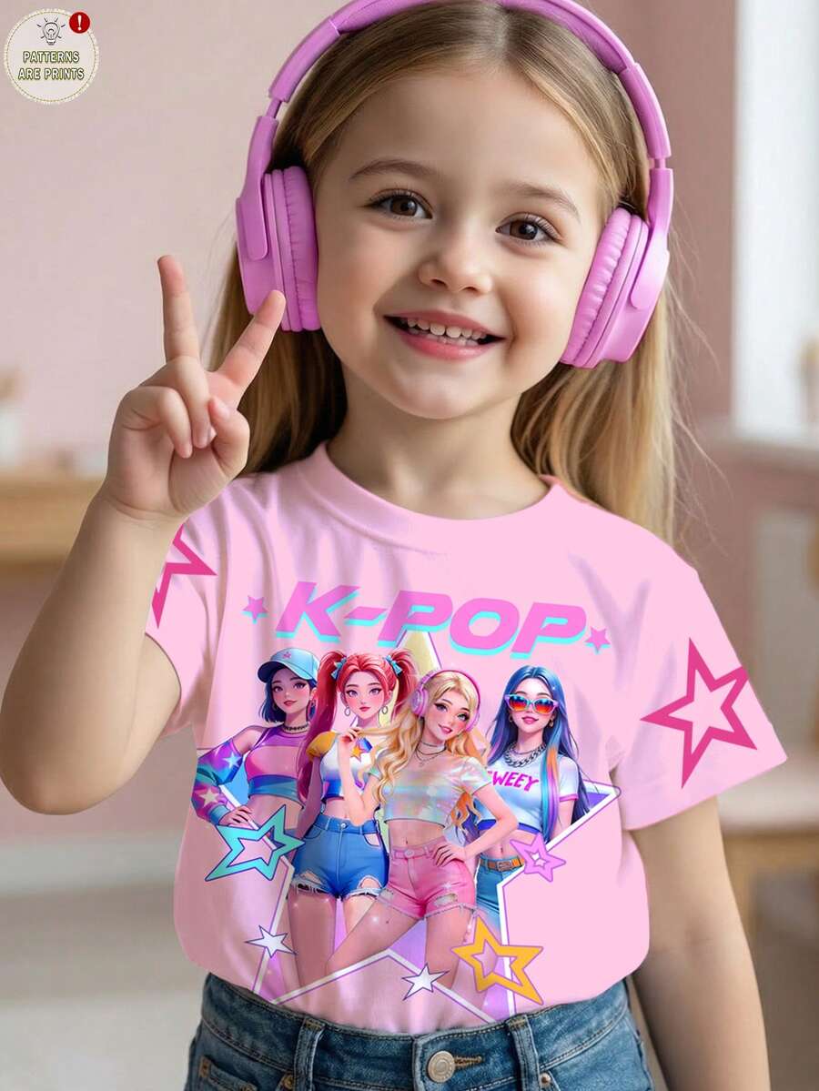 Áo thun in chữ và ngôi sao phong cách K-POP nhiều màu sắc dành cho bé gái, áo kiểu K-POP, áo thun nhân vật hoạt hình, màu kem hồng, quà tặng cho fan K-POP, quần áo trẻ em thời trang âm nhạc, áo đôi cho anh chị em, thích hợp cho các kỳ nghỉ, tiệc tùng và mặc hàng ngày, các buổi hòa nhạc. - Nhiều màu - Xem 1