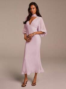 COSMINA Đầm maxi đuôi cá thanh lịch bằng chiffon màu xanh nhạt dành cho nữ, cổ chữ V sâu, tay phồng, xếp ly, màu trơn, thích hợp cho kỳ nghỉ, tiệc tùng, đám cưới, khách mời hoặc phù dâu. - Màu Hồng baby - Xem 4