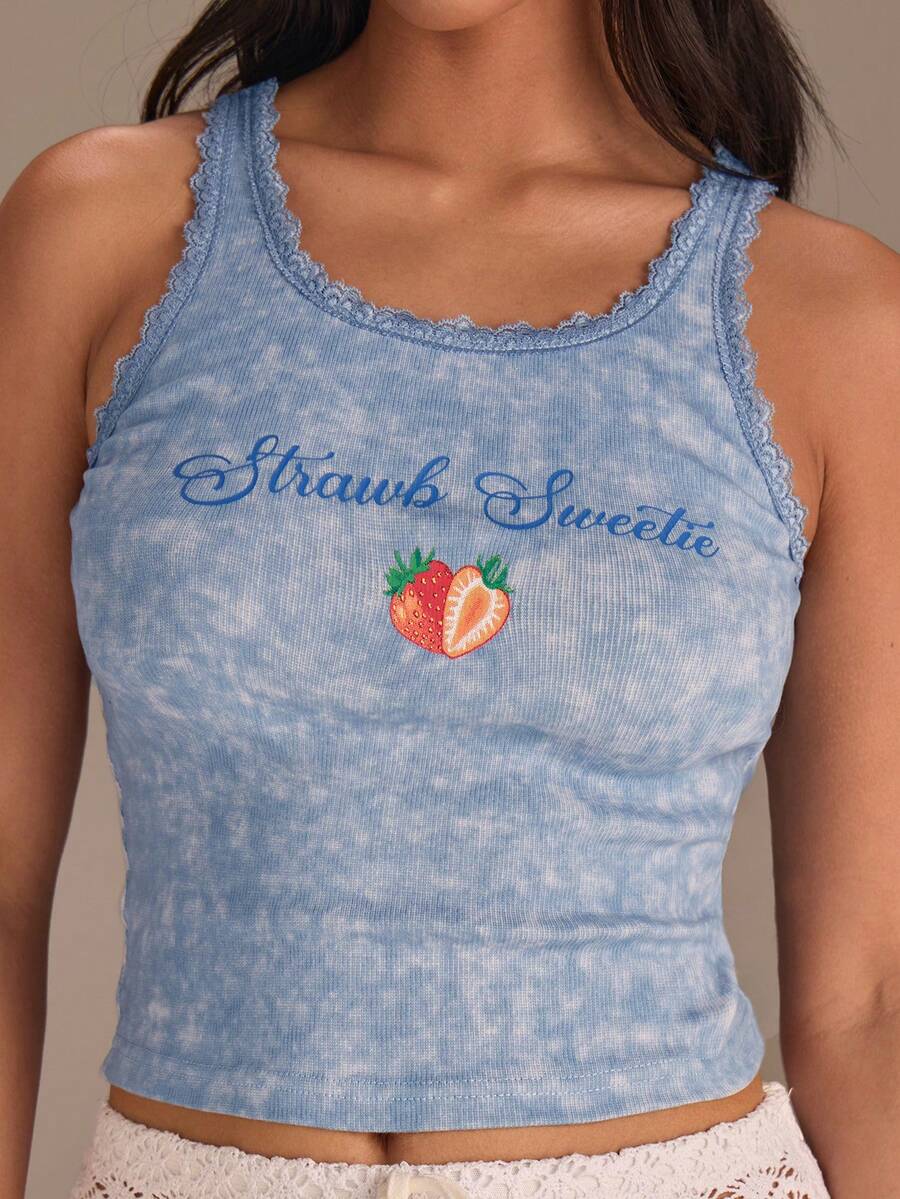 Athîral Áo tank top dệt kim gân in hình dâu tây dành cho nữ, thích hợp cho kỳ nghỉ. - Màu xanh lam - Xem 1