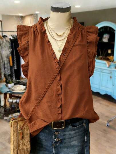 Linhara Blusa versátil, casual, de vacaciones, elegante, suave y cómoda, apropiada para múltiples ocasiones, con cuello con volantes y mangas con doble volante, de estilo occidental y campestre, adecuada para festivales de música, de estilo francés primaveral/veraniego, últimas novedades en blusas para mujer