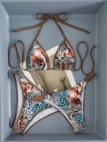 Swim Vcay Bộ bikini 3 mảnh in họa tiết gợi cảm thời trang dành cho nữ, kiểu dáng hở lưng buộc dây, có đệm mút, đồ bơi đi biển mới cho mùa xuân/hè. - Nhiều màu - Xem 10