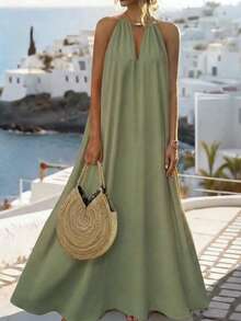 Balvessa 女士海滩夏季简约纯色锁眼领口露背吊带连衣裙长款度假海滩装 - 綠色 - 查看 1