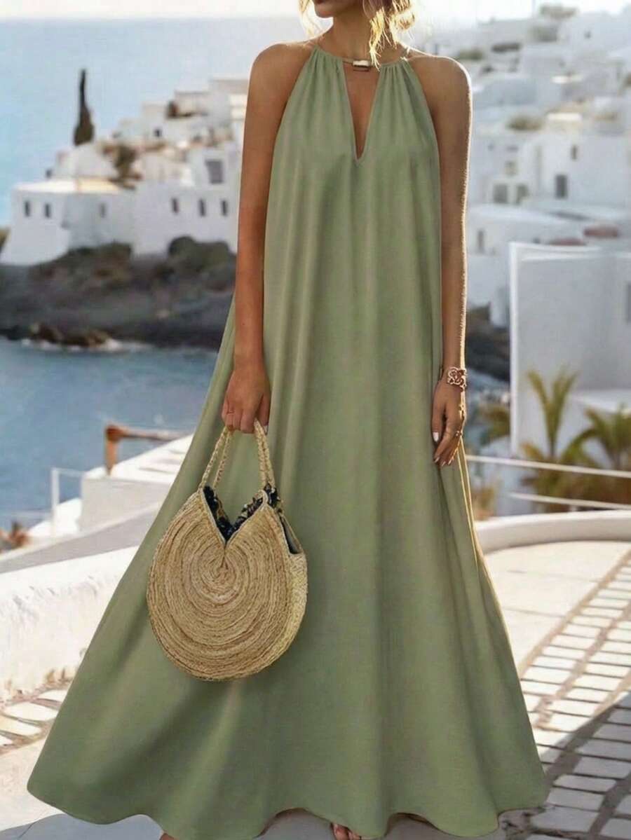 Balvessa 女士海滩夏季简约纯色锁眼领口露背吊带连衣裙长款度假海滩装 - 綠色 - 查看 1
