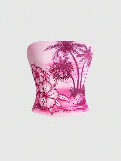 ROMWE Avant Spring/Summer Island Style Hibiscus, Palm Tree, Sunset, Pink Sea Graphic Rhinestone Print Y2K Women Top