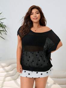 Solflare Maglione casual versatile per primavera/estate, adatto per uso all'aperto, quotidiano, festa, matrimoni, festival musicali, ritorno a scuola, vacanze, streetwear, loungewear, esplorazione, passeggiate in città, maniche asimmetriche, texture a rete, colore nero, taglie comode - nero - Visualizzare 3