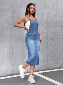 SHEIN Tall Women's Solid Color Minimalist Casual Sleeveless Denim Dress - Blue - View 4
