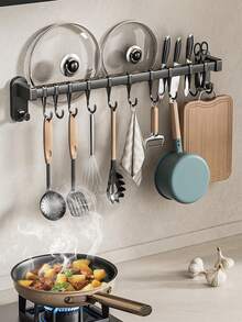 Kitchen Utensil Rack, Wall Mounted Kitchen Organizer, Pot And Pan Storage Rack Set With Silent Sliding Hooks, Black Gray, For Kitchen And Dining Room - Multicolor - View 7