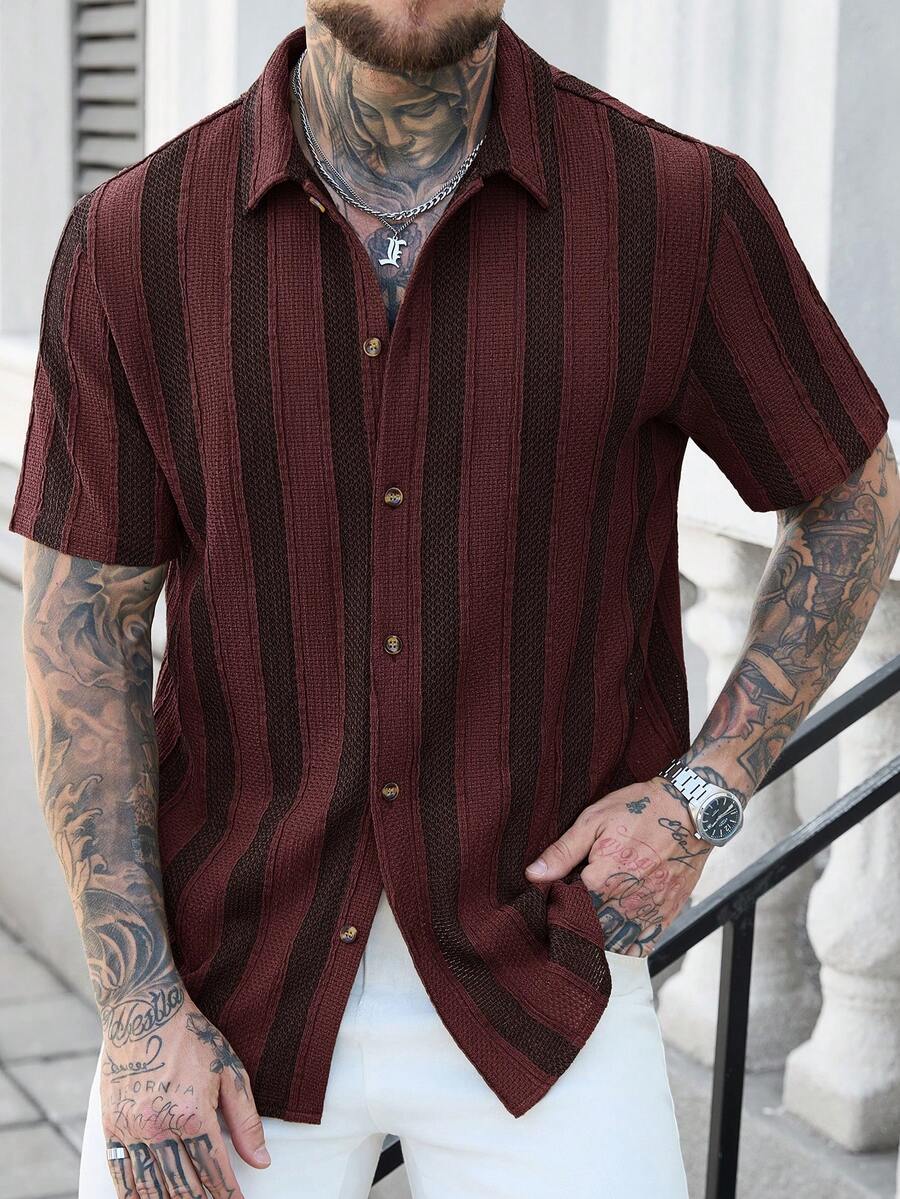 Manfinity CasualCool 梭织条纹休闲男士Polo衫 - 酒紅色 - 查看 1