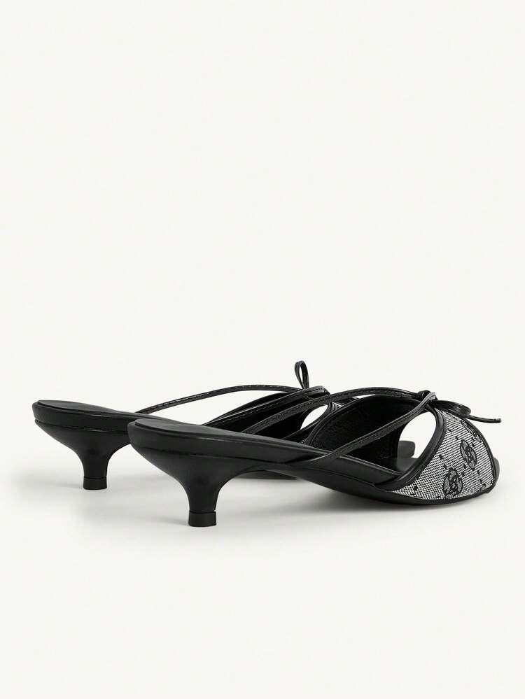 CUCCOO CHICEST Women Black And White Rose Embroidery Stylish Elegant Commuter Bow Decoration Heeled Sandals