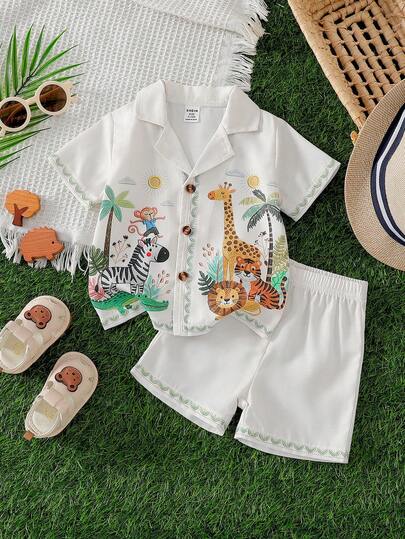 Souflis Souflis Bộ quần áo bé trai tay ngắn in hình động vật hoạt hình, thích hợp cho các hoạt động ngoài trời, mặc ở nhà và dự tiệc.
