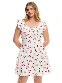 Solavibe Plus Size Women's Cute White Cherry Print Front Tie Mini Dress,Summer Flutter Sleeve Picnic Outfit,Casual Beach Vacation Birthday Holiday Dresses - White - View 3