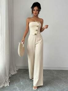 Firerie Bộ đồ nữ màu trơn gồm áo crop top trễ vai, cài cúc kim loại và quần cạp cao xếp ly, trang phục công sở gợi cảm và thanh lịch, thích hợp cho mùa xuân/hè, đi làm, các buổi lễ hội âm nhạc, hẹn hò lãng mạn, tiệc tùng, mùa cưới, lễ tốt nghiệp, dạ hội, biểu diễn, hòa nhạc, đồng phục công sở và nhiều dịp khác. - Màu be - Xem 6
