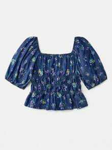 lacRébo Vintage Dark Blue Denim-Look Floral Smocked Crop Top With Puff Sleeves And A Square Neckline Cute Style Spring Summer Vacation French Style Parisian Style - Dark Wash - View 7