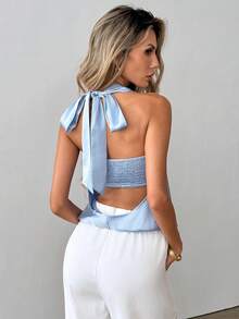 SHEIN Raffinéa Women's New Sexy Deep V-Neck Backless Camisole Shirt With Metal Decor, Sexy Blouse - Blue - View 2