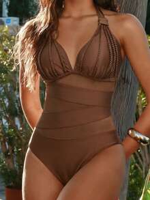 Swim Lushoire بدلة سباحة قطعة واحدة للنساء، لون القهوة، مصنوعة من شبكة محبوكة مضفرة وقطع ملائمة للاستخدام في العطلات الصيفية والشاطئ، مرنة وعملية - قهوة بني - مشاهدة 2