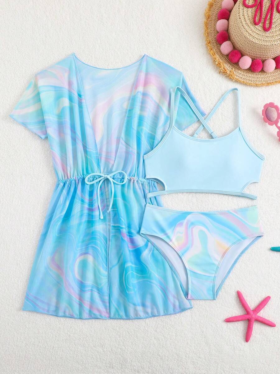 SHEIN Tween Girls 3 Pieces Bikini Set, Wave Print, Includes Triangle Bottoms, Fresh Blue And Pink Gradient Design Cross Back Split Swimsuit + Matching Color Mesh Drawstring Sunscreen Cover-Up Kids Comfortable Skin-Friendly Beach Vacation Swimwear Blue Beach Cover Up - Blue - View 1