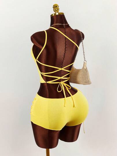 Amplova Women's Vacation Sexy Solid Color Backless Halter Top And Shorts 2 Pieces Set Y2k Summer Outfits For Women Spring Clothes Women Easter Dress Women Festival Outfits For Women Elegant Dresses For Party Beach Outfits For Women Wedding Guest Party Dress Elegant Dresses For Women  Casual Dresses For Women Beach Vacation Outfits For Women