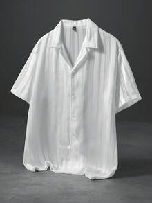 PAVTROS Men's White Cuban Collar Jacquard Striped Loose Short Sleeve Shirt - White - View 1