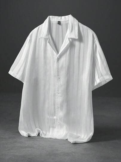 PAVTROS Men's White Cuban Collar Jacquard Striped Loose Short Sleeve Shirt